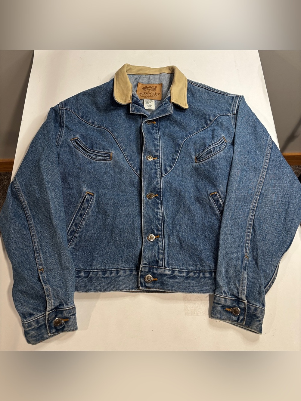 Schaefer Outfitter Denim & Leather Jacket Size Medium Embroidered Western Style